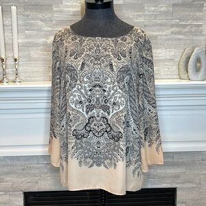 Rose & Olive Women's Paisley Long Sleeve Top Size Medium Beige Blouse Light